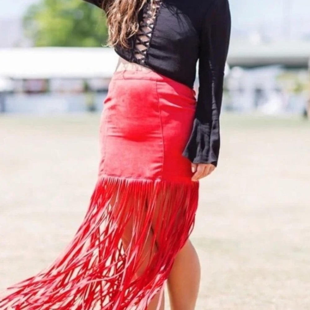Brand: H&M ❤️ COACHELLA Official Collection -Red Fringe Midi Skirt - Picture 3 of 16